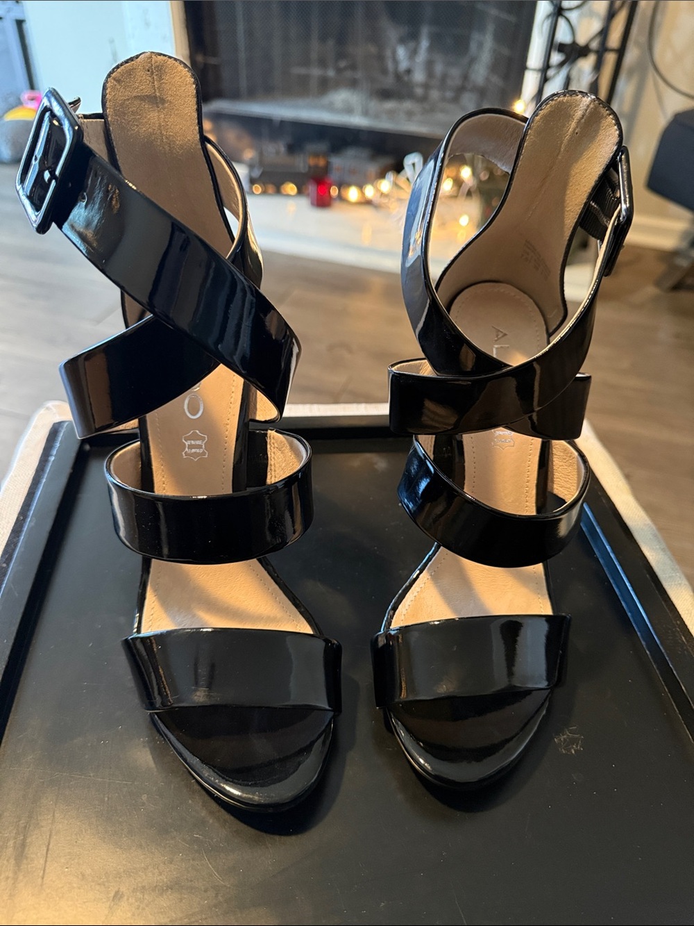NWOB - Aldo Black Patent Multi-Strap Heeled Sandals